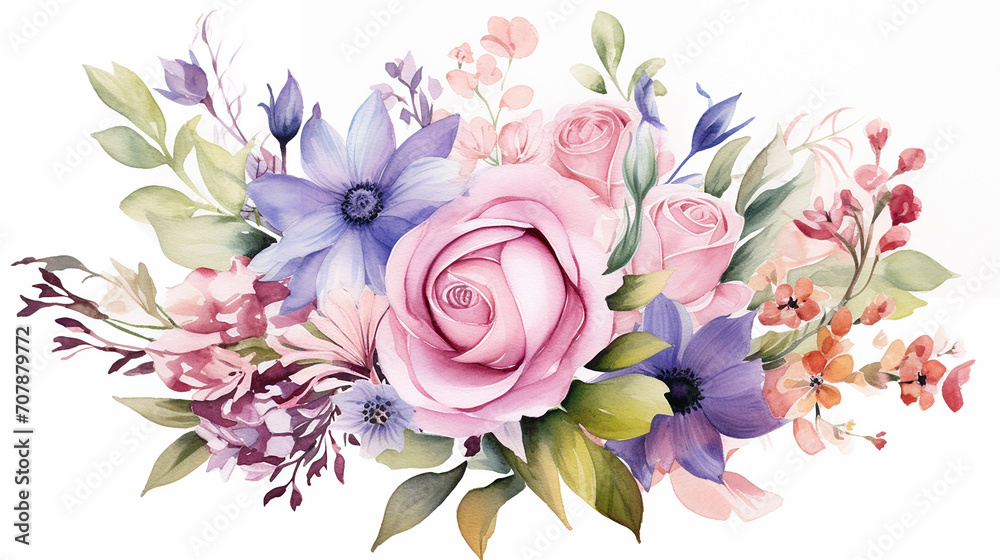 pretty flower garden watercolor bouquet on white background - obrazy, fototapety, plakaty 
