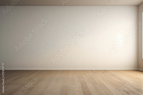 Light ivory color empty room with parquet floor and light from window. Modern interior. Wall scene mockup for showcase. Wall with copy space.