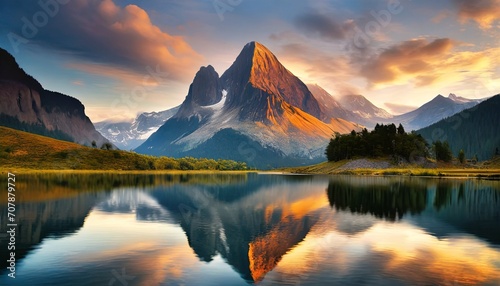 beautiful photo of a mountain in the distance with a lake in the foreground, mountains and lakes