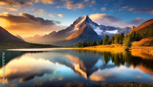 beautiful photo of a mountain in the distance with a lake in the foreground, mountains and lakes © INTAN