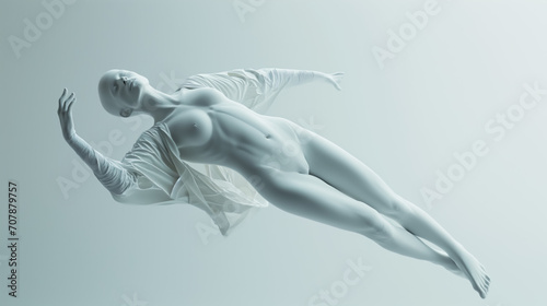 Human body lying down, floating, pure white, minimalist style, generative ai