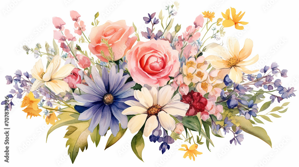 simple floral design with pretty flower garden watercolor bouquet on white background