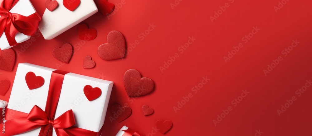 valentines day celebration, greeting card mockup. festive background with gift boxes and sparkles on red table.Generative AI.