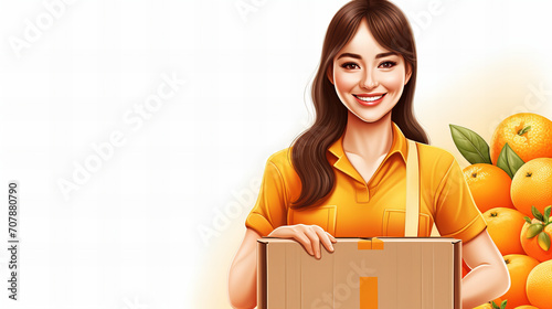 Smiling delivery woman with oranges, Illustration of smiling woman in orange uniform holding a package, with oranges in the background. Clean white backdrop. Concept of delivery, freshness, and health