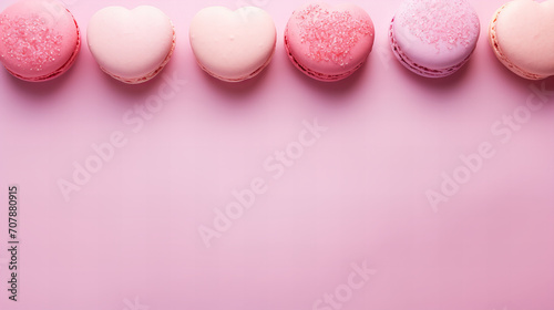 pastel pink assorted macaroon with hearts isolated on pink background, copy space banner advert menu template, Valentine day Mother day Best gift for woman