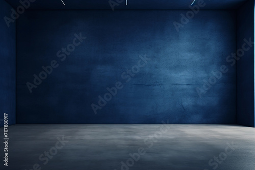 Dark navy blue empty room with ceiling light in modern interior. Wall scene mockup for showcase with copy space. photo
