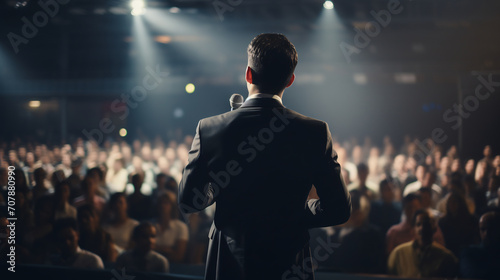 Rear view of motivational speaker standing on stage in front of audience in conference or business event photo