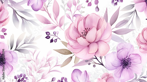 beautiful soft pink purple floral watercolor seamless pattern on white background