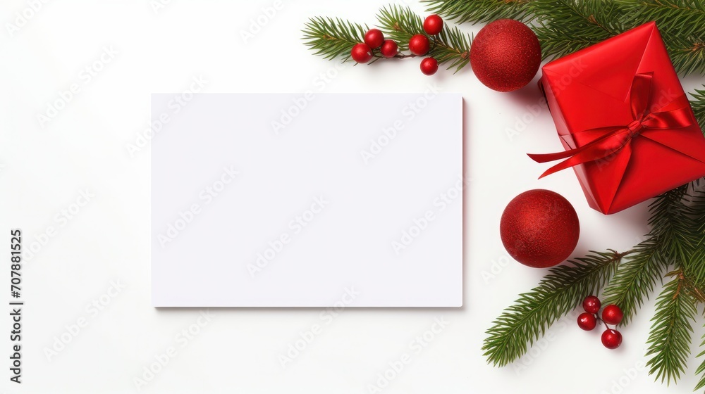 Obraz premium Red roses flowers, Red gift, red ball, red box, greeting cards over white background and red background with copy space. Valentine's Day, Happy New Year, Christmas day