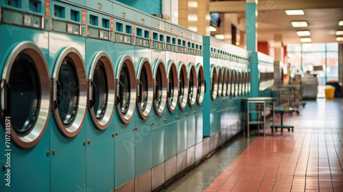 Array of industrial washers in the vast laundromat