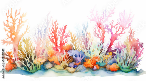 underwater plants algae and colored coral watercolor on white background
