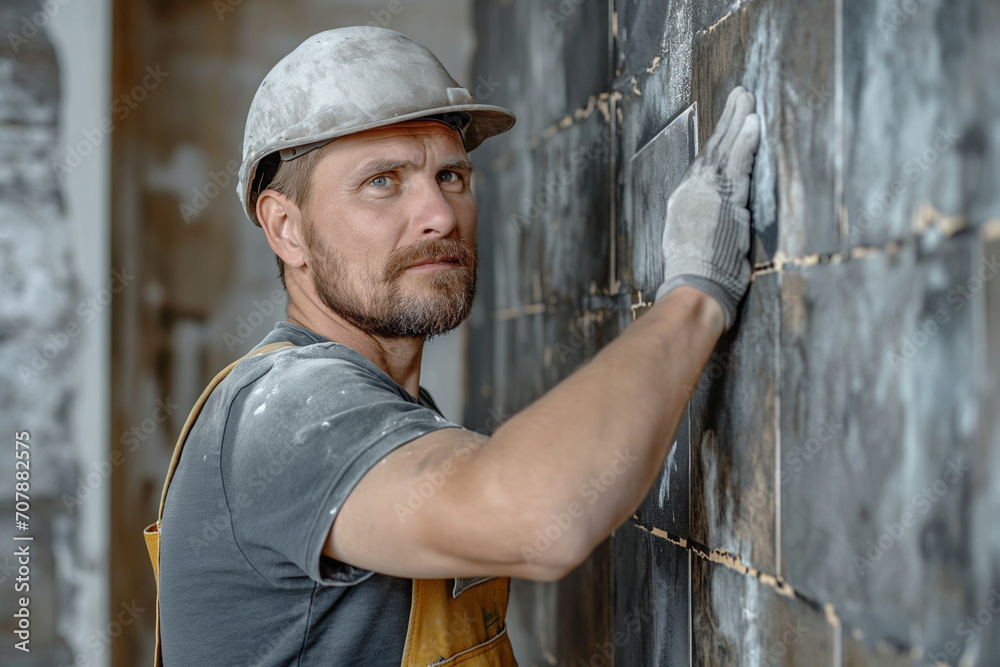 A builder tiler lays tiles on the walls. Concept for renovation of premises. Construction and renovation of houses. Designer and decorator. A builder tiler lays tiles on the walls. Concept for renovation of premises. Construction and renovation of houses. Designer and decorator.