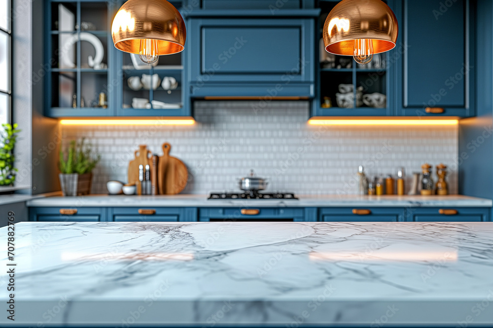 Stylish interior of a modern kitchen in blue colors. Spacious kitchen interior. The concept of renting and selling real estate.