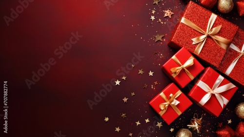 Red roses flowers, Red gift, red ball, red box, greeting cards over white background and red background with copy space. Valentine's Day, Happy New Year, Christmas day