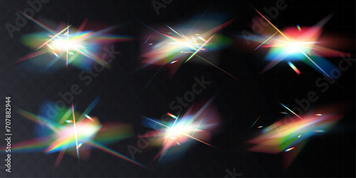  Crystal rainbow light reflection effect. Colorful clear iridescent lenses. 