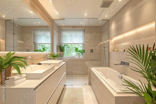 Interior of a bright bathroom with a large bathtub, sink and mirror. Modern interior. Interior design elements. Stylish sink under the mirror in the bathroom. Bathroom with window.