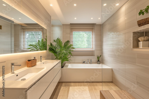 Interior of a bright bathroom with a large bathtub, sink and mirror. Modern interior. Interior design elements. Stylish sink under the mirror in the bathroom. Bathroom with window.