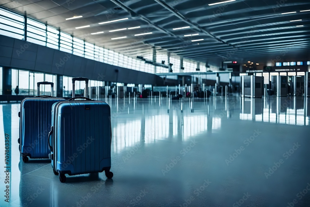 suitcases in an empty airport hall, traveler cases in the departure airport terminal waiting for the area, vacation concept, blank space for text message or design  