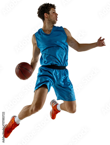 Dynamic Sports Action athlete in mid-air, capturing the dynamic and intense moment of basketball game against transparent background. Concept of sport, hobby, energy, active lifestyle, match. Ad © Lustre