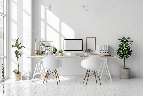 Modern computer on a table in an office interior. Stylish workplace in white tones and indoor plants. Blank screen with space for text. Workplace layout concept.