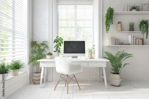 Modern computer on a table in an office interior. Stylish workplace in white tones and indoor plants. Blank screen with space for text. Workplace layout concept. © ValNik Creations