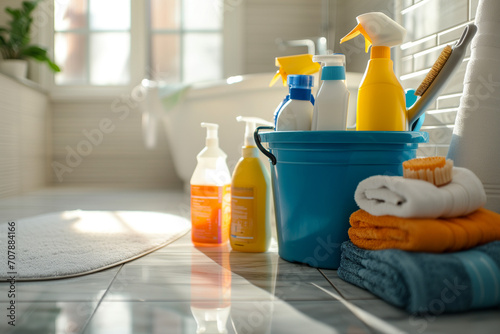Various cleaning and detergents, accessories in a bucket on the floor in the bathroom.Household chemicals.A set for cleaning various surfaces in the bathroom and other rooms.Cleaning service concept.