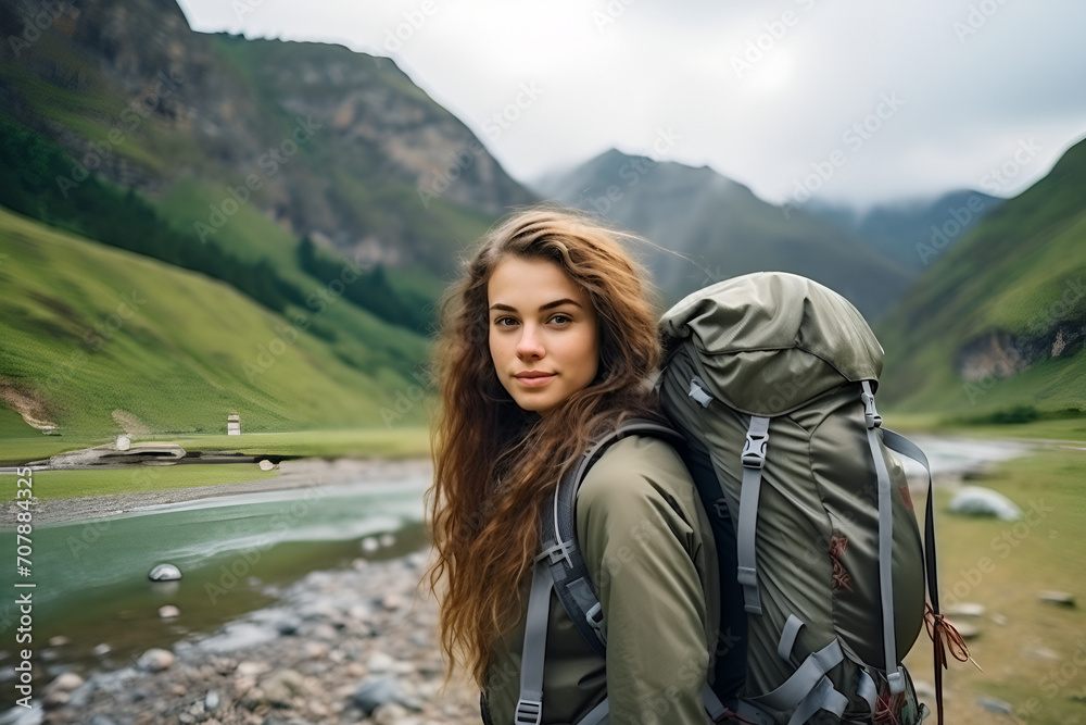 The beautiful woman with her backpack in the mountain background 