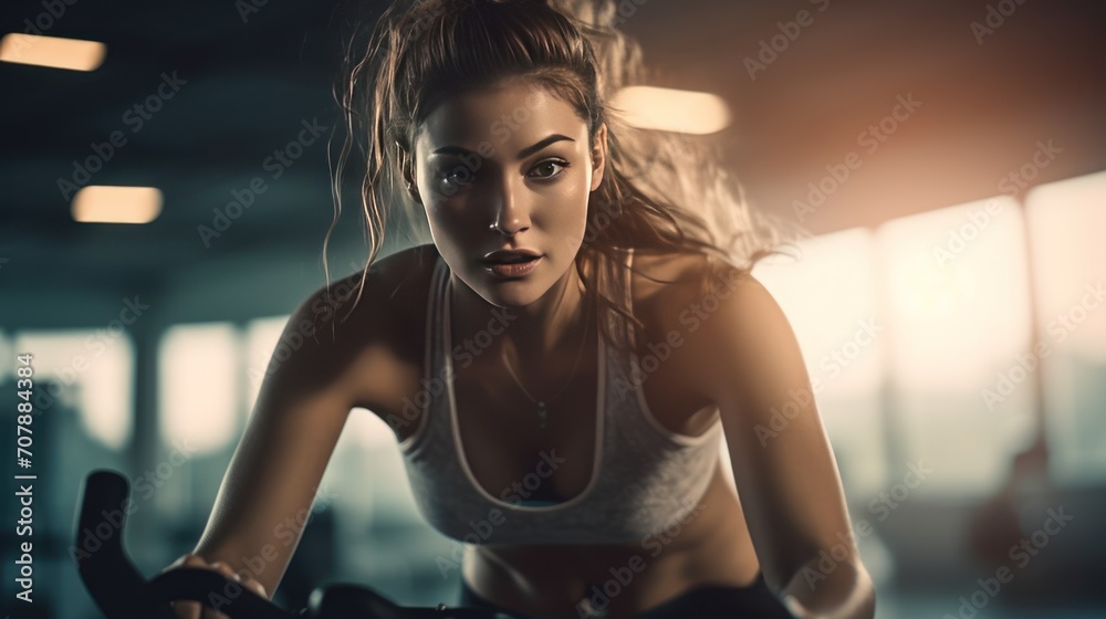 woman doing cardio on the crossfit bike. Crossfit woman doing intense cardio training on exercise bike. Her hair is flying from the air flow - obrazy, fototapety, plakaty 