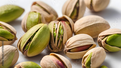heap of pistachios on a white isolated background, top view