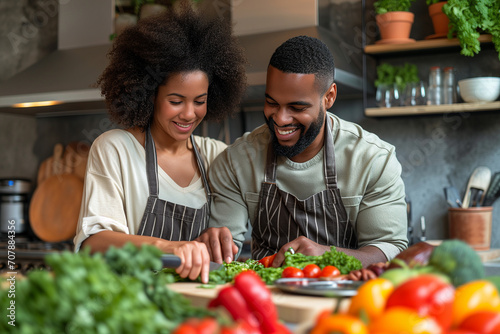 A young couple is preparing a salad against the backdrop of a modern kitchen interior. Healthy diet. Fitness blogging.Cooking concept. Place for text. Copy space.