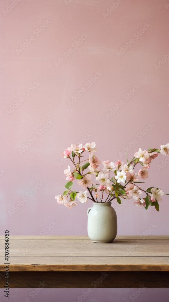 Vase of sakura flowers on wooden table and pink wall background.