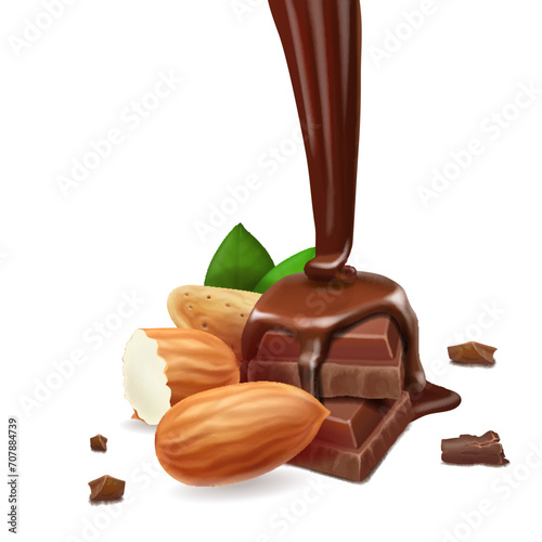 Liquid pouting chocolate, chocolate pieces and almond nuts 3d realistic illustration