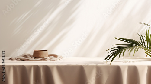 table counter with beige brown linen tablecloth drape in sunlight tropical leaf shadow on blank wall photo