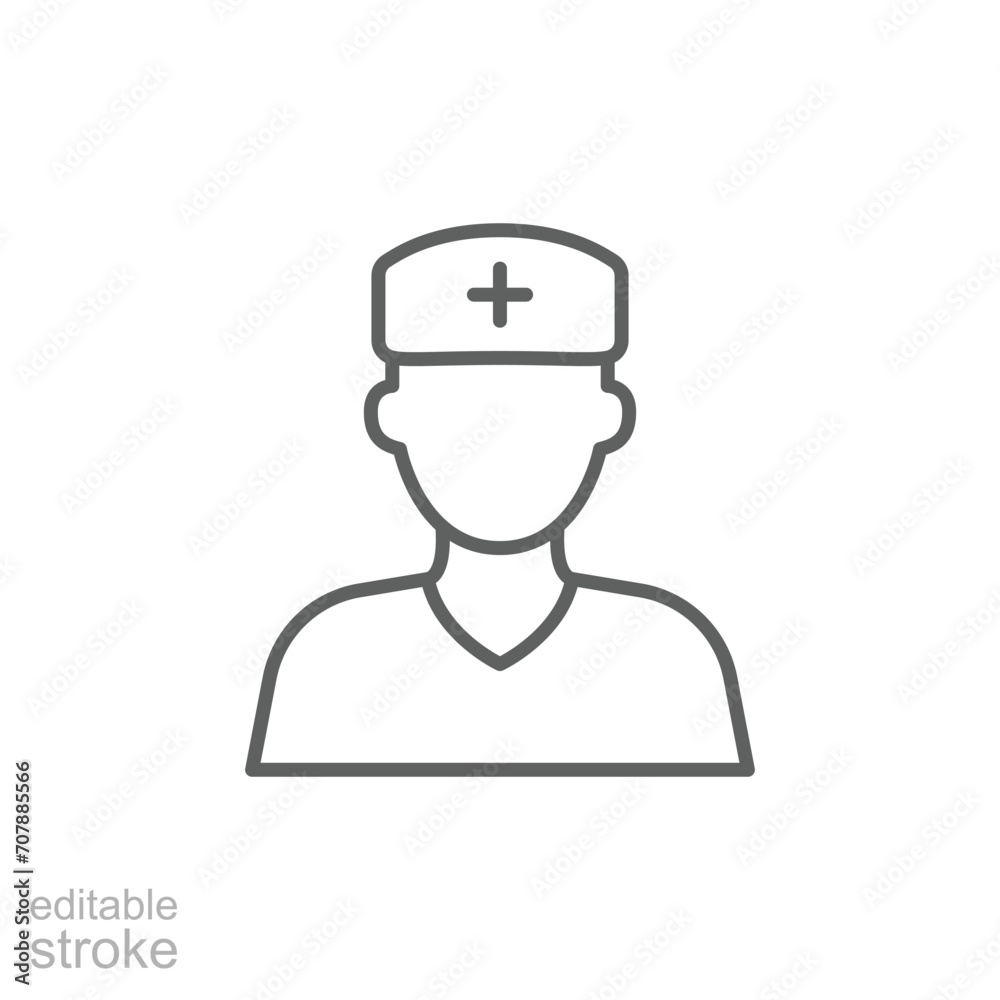 Nurse icon. Simple outline style. Medical assistant, male, man, medic, doctor, health, medicine, hospital concept. Thin line symbol. Vector isolated on white background. Editable stroke SVG. Nurse icon. Simple outline style. Medical assistant, male, man, medic, doctor, health, medicine, hospital concept. Thin line symbol. Vector isolated on white background. Editable stroke SVG.