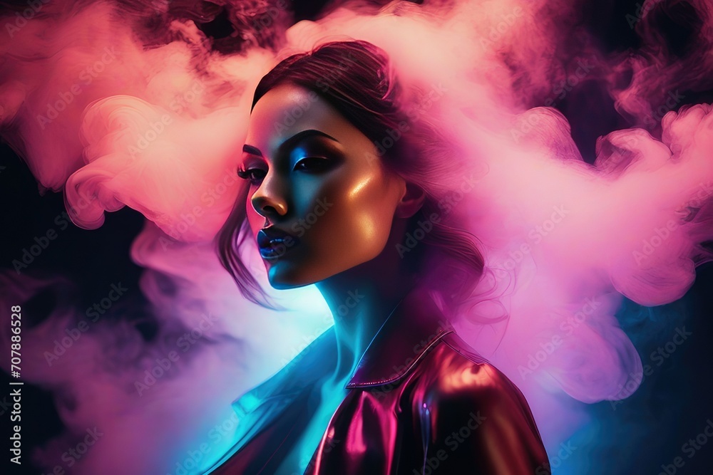 Fashion surreal Concept. Closeup portrait of stunning girl surround dissolve in neon swirling flowing smoke fog. illuminated with dynamic composition and dramatic lighting. copy text space Fashion surreal Concept. Closeup portrait of stunning girl surround dissolve in neon swirling flowing smoke fog. illuminated with dynamic composition and dramatic lighting. copy text space