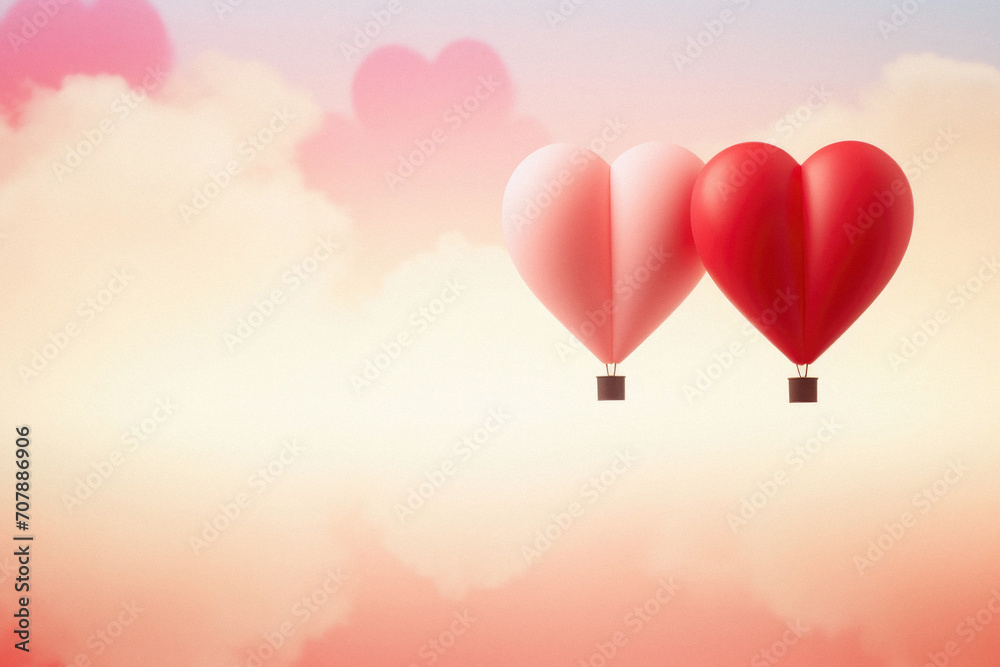 Valentines day background with red hot air balloons in the sky.