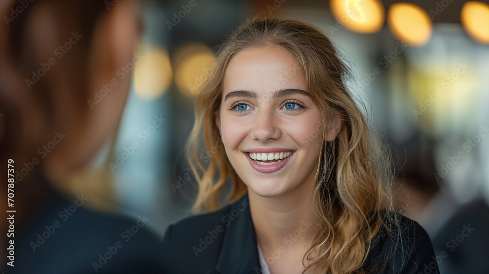 Young Woman in Business Dress at Job Interview, Smiling in Professional Office Setting, Positive Interaction with HR, Successful Meeting and Agreement in Formal Meeting Room Young Woman in Business Dress at Job Interview, Smiling in Professional Office Setting, Positive Interaction with HR, Successful Meeting and Agreement in Formal Meeting Room