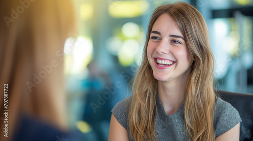 Young Woman in Business Dress at Job Interview, Smiling in Professional Office Setting, Positive Interaction with HR, Successful Meeting and Agreement in Formal Meeting Room