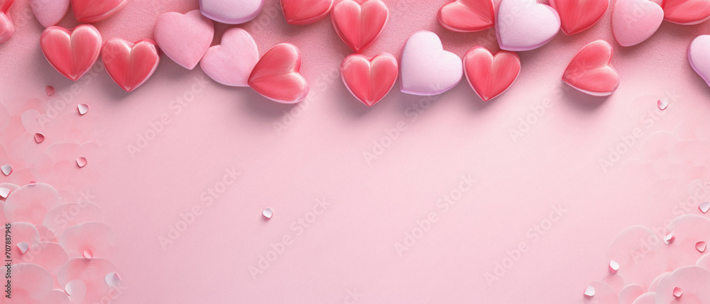 Valentine's Day background with pink and pink hearts on pink background.
