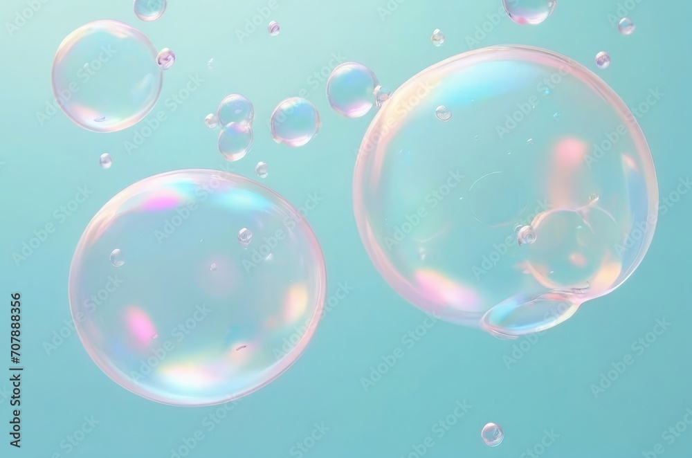 Molecules inside air bubbles on soft green pink background concept skin care serum like texture 