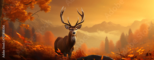 Stag in the autumn forest with a orange sky, in the style of photorealistic portraits, photo-realistic landscapes