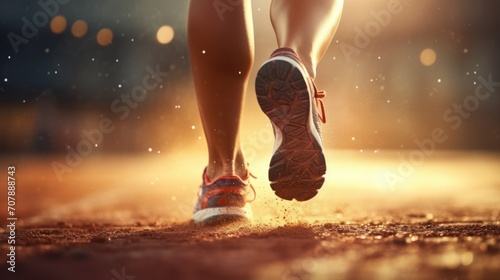 Close up of feet, sports woman runner running on race starting line in sneakers.Sunny photo. concept of running, competition, distance, healthy lifestyle, morning running. copy space, mock-up