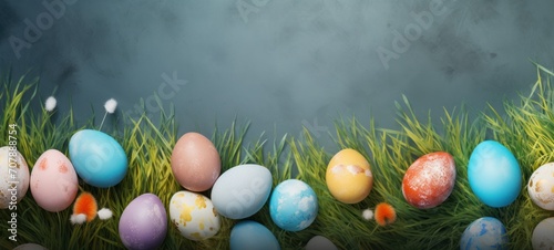 multi-colored  eggs lie in the green grass and greay background.top view.soft focus,defocus.concept of Easter,Christ,holiday,Easter bunny.copy space, mock-up,space for text photo