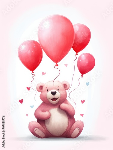 a painted pink teddy bear holds heart-shaped balls in its paws on the pink background. concept for February 14, Valentine's Day. place for text, mock-up © Anastasiya