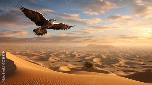 Falcon in air, falcons talons flying, over the desert, sundary egyptfocal, in the style of photo-realistic landscapes, light brown and beige, wimmelbilder, dynamic symmetry, shaped canvas, wandering e photo