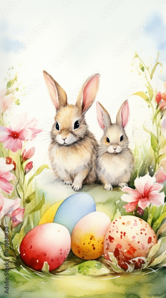 watercolor drawing of two rabbits, Easter eggs and flowers in the foreground. vertical photo. concept of Easter, Sunday, Christ,  eggs and cards.space for text.copy space