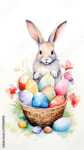 watercolor drawing of a rabbit, in the foreground there are Easter eggs in a basket and flowers. vertical photo. concept of Easter, Sunday, Christ, eggs and cards.space for text.copy space