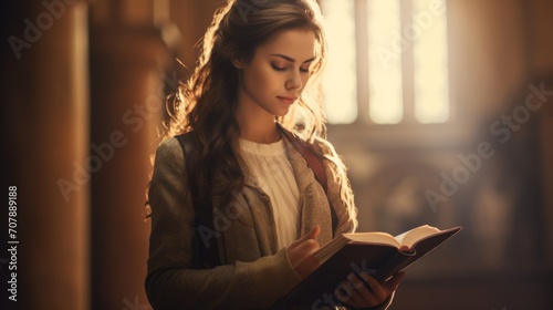 Peaceful young woman reading bible while looking towards the heavens for hope and guidance from God