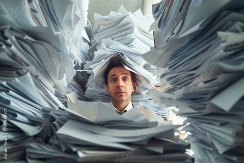 person surrounded by stacks of paperwork photo