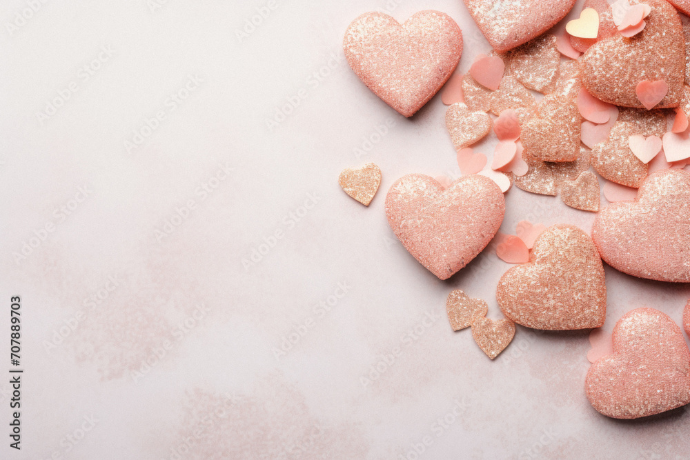 Obraz premium Valentine's Day background with pink hearts and confetti.